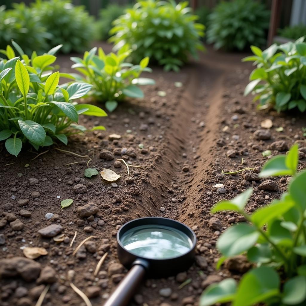 Searching for clues in the garden after chicken disappeared