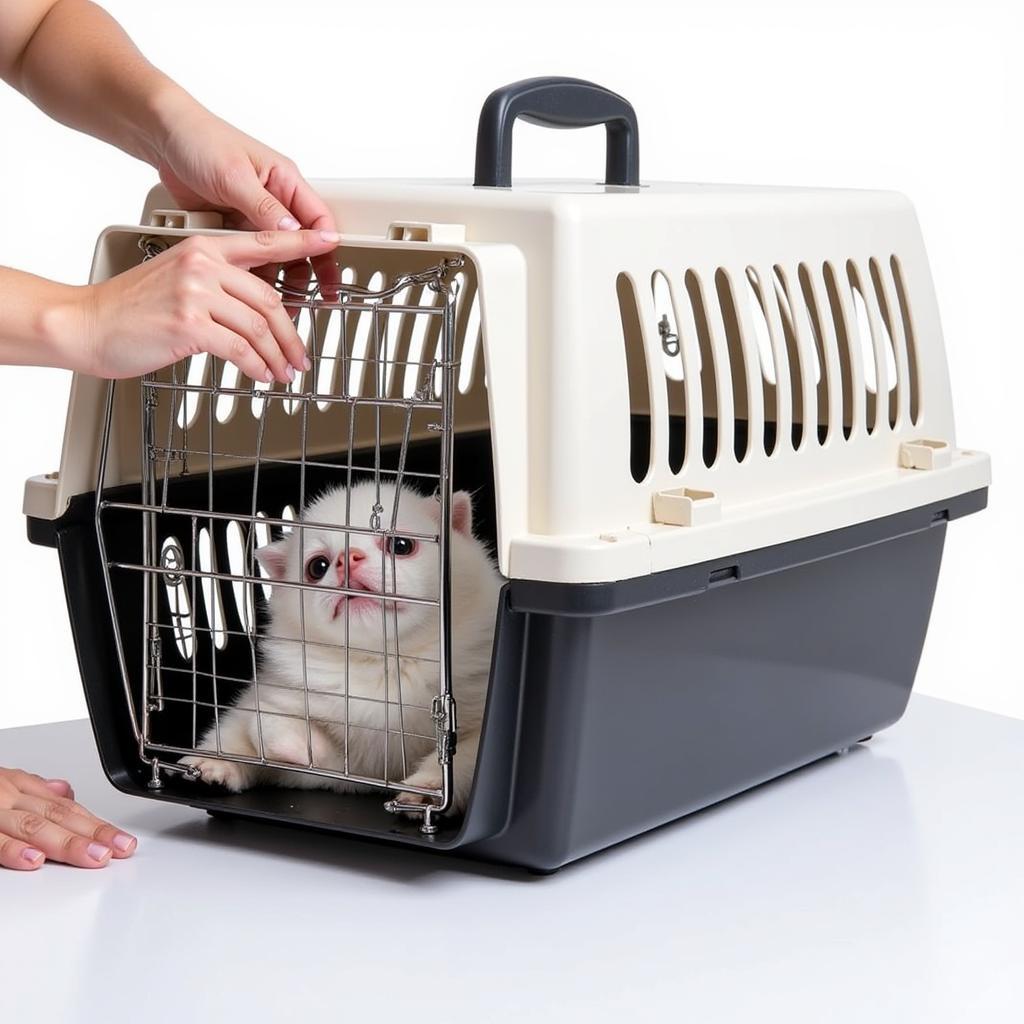 Securing the pet carrier before opening