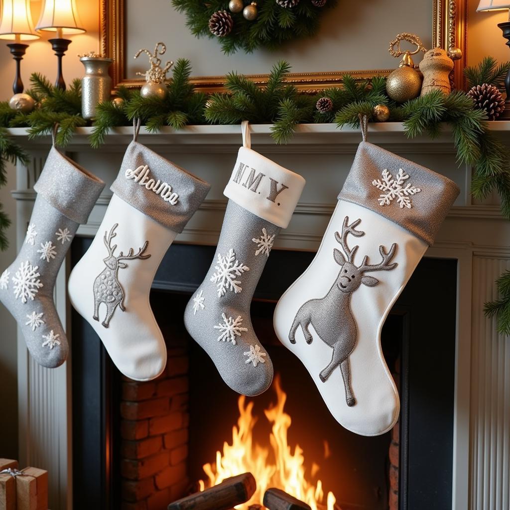 Silver and White Christmas Stockings on Mantelpiece