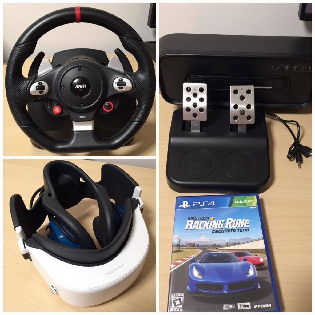 Sim racing gift ideas for beginners: a wheel and pedal set, VR headset, and a racing game.