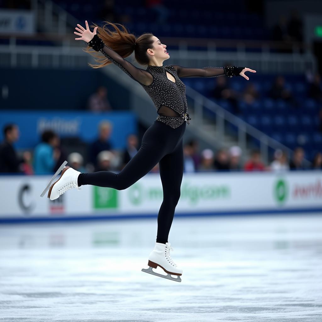 Figure skater executing a jump wearing T blade skates