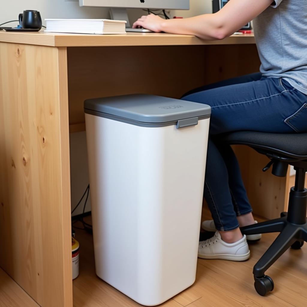 Slim rectangular trash bin fits perfectly under a dorm room desk