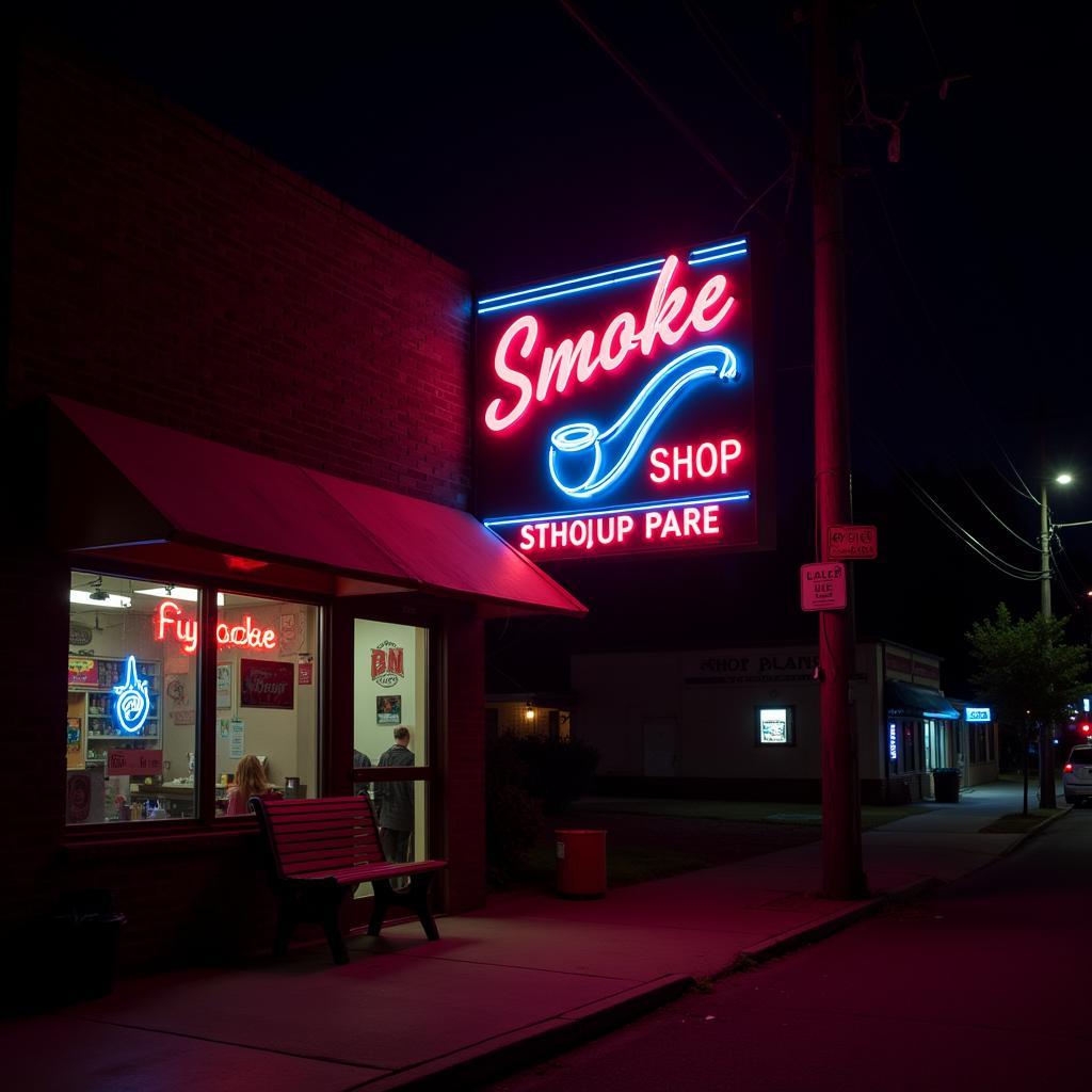 Neon sign of a smoke shop glowing brightly at night, attracting customers.