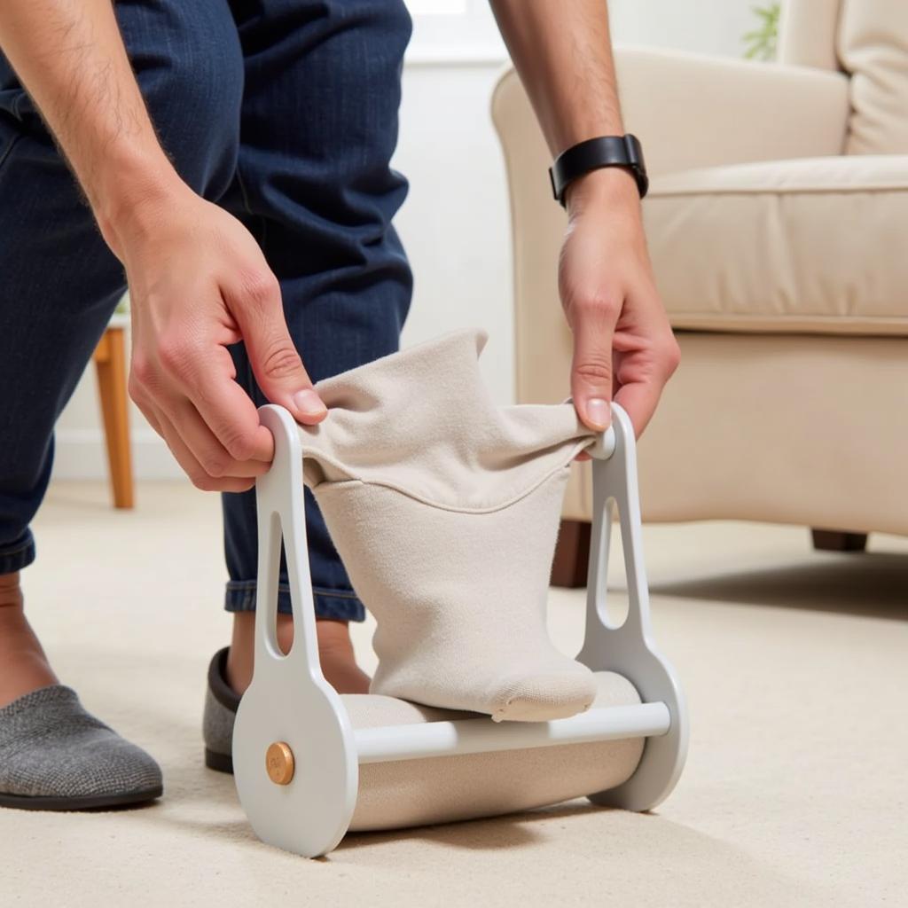 Sock aid device assisting an elderly person putting on socks