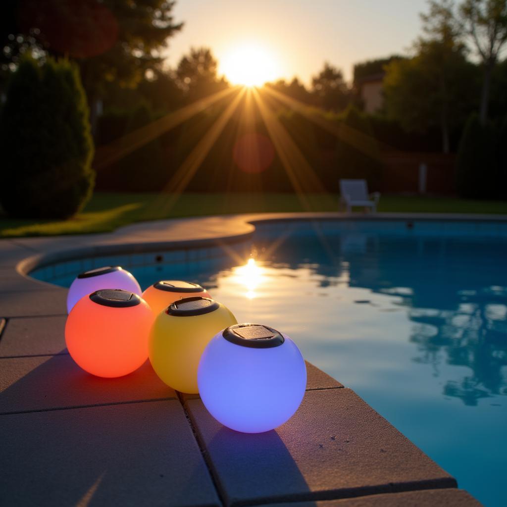 Solar-powered glowing pool balls charging in the sun