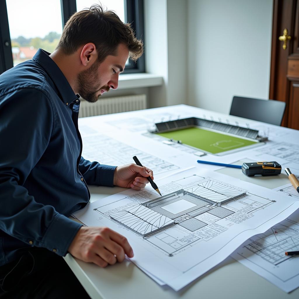 Stadium Architect Reviewing Blueprint