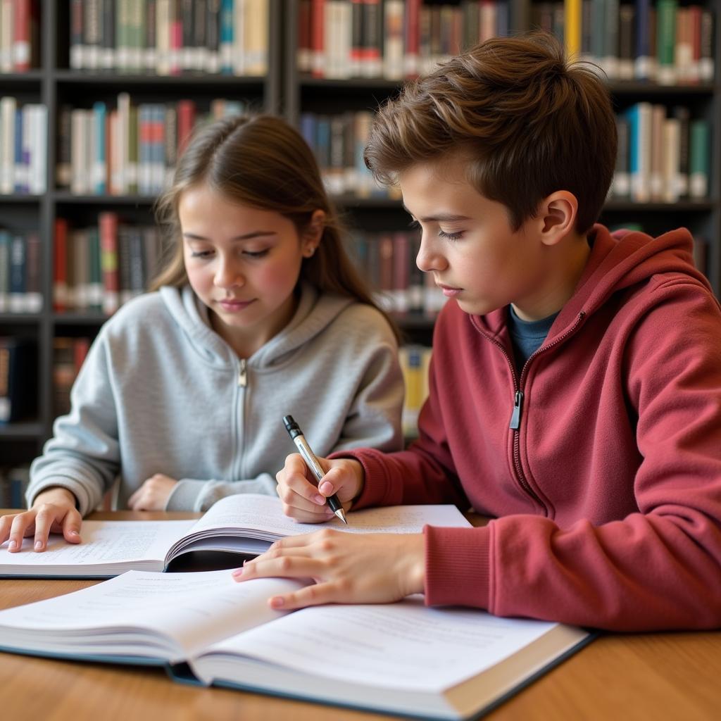 A student diligently reviewing their notes in their homework book in preparation for an exam.