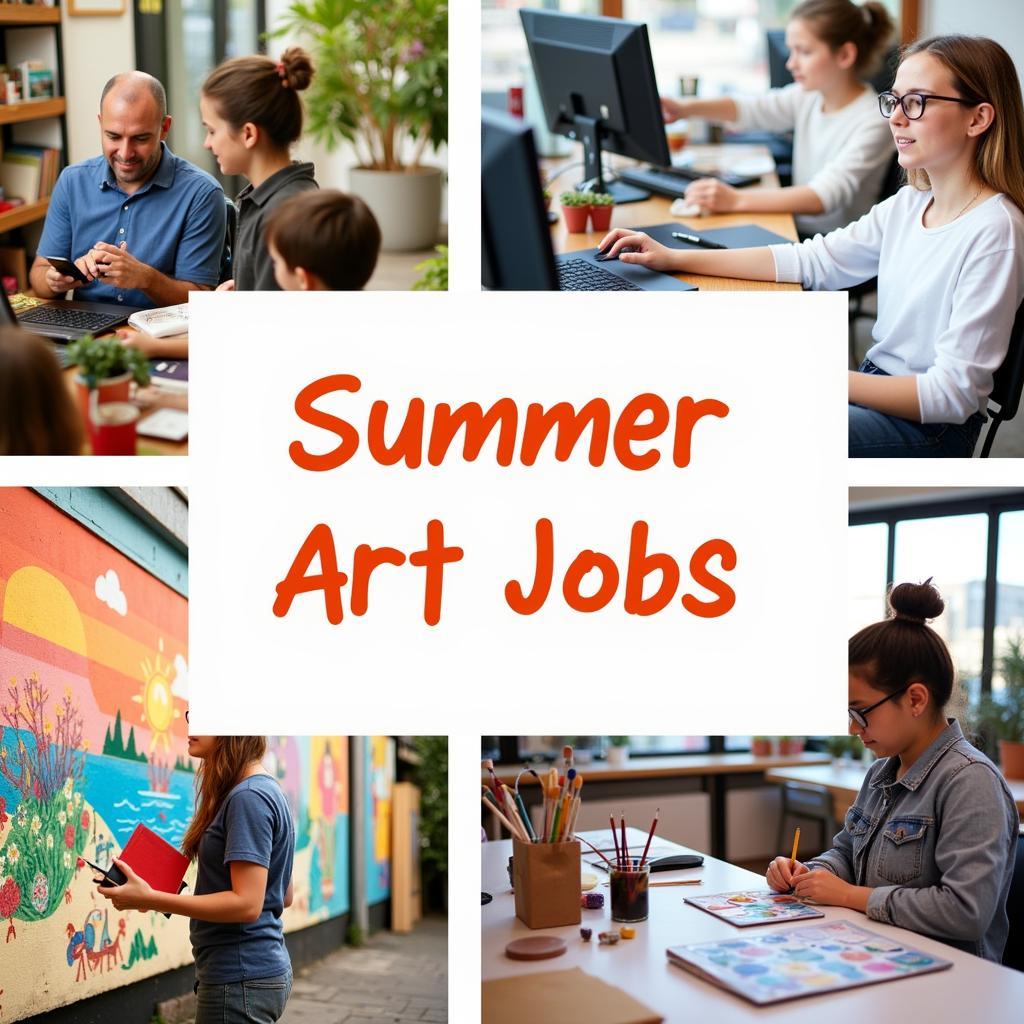 Summer Art Job Opportunities: A collage of diverse summer art jobs including teaching, designing, and creating art.