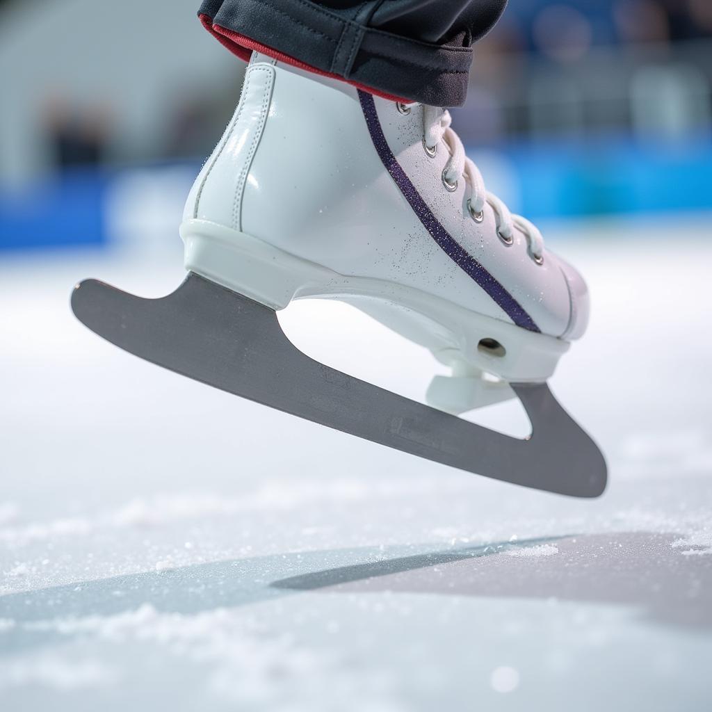 Close-up view of T blade figure skates