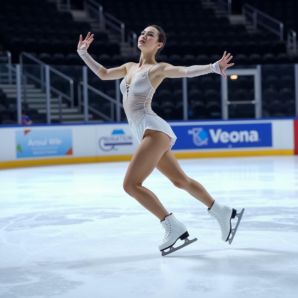 Figure skater wearing T blade skates performing on ice