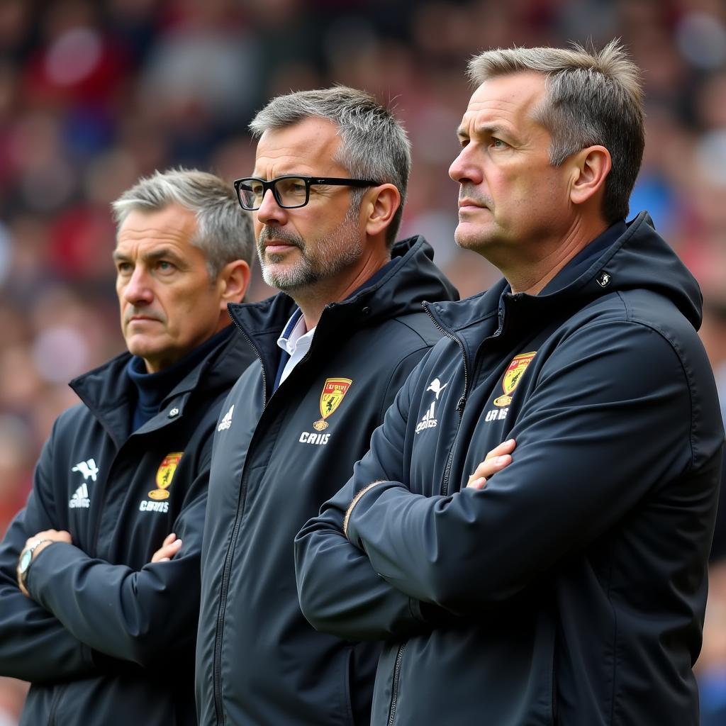 Coaches of both teams deep in thought, analyzing the tactical battle unfolding on the pitch.