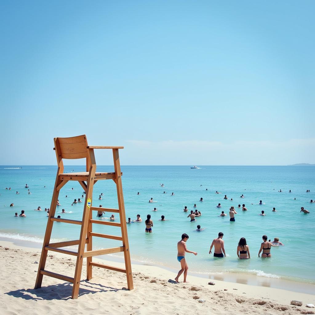 Tall Lifeguard Chair Overlooking a Crowded Beach