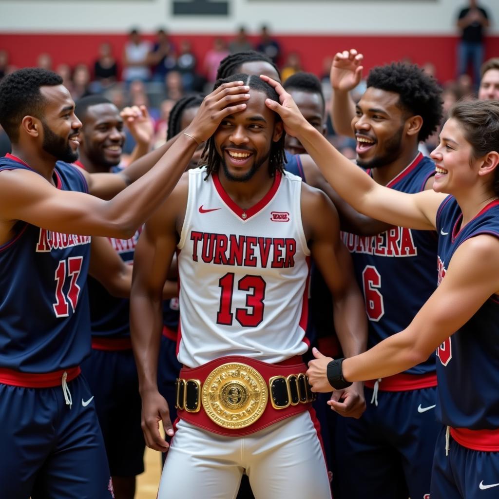 The whole team celebrating with the turnover belt