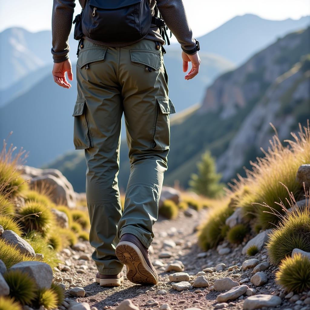 Someone hiking in terrain panel cargo pants, demonstrating their practicality in outdoor settings.