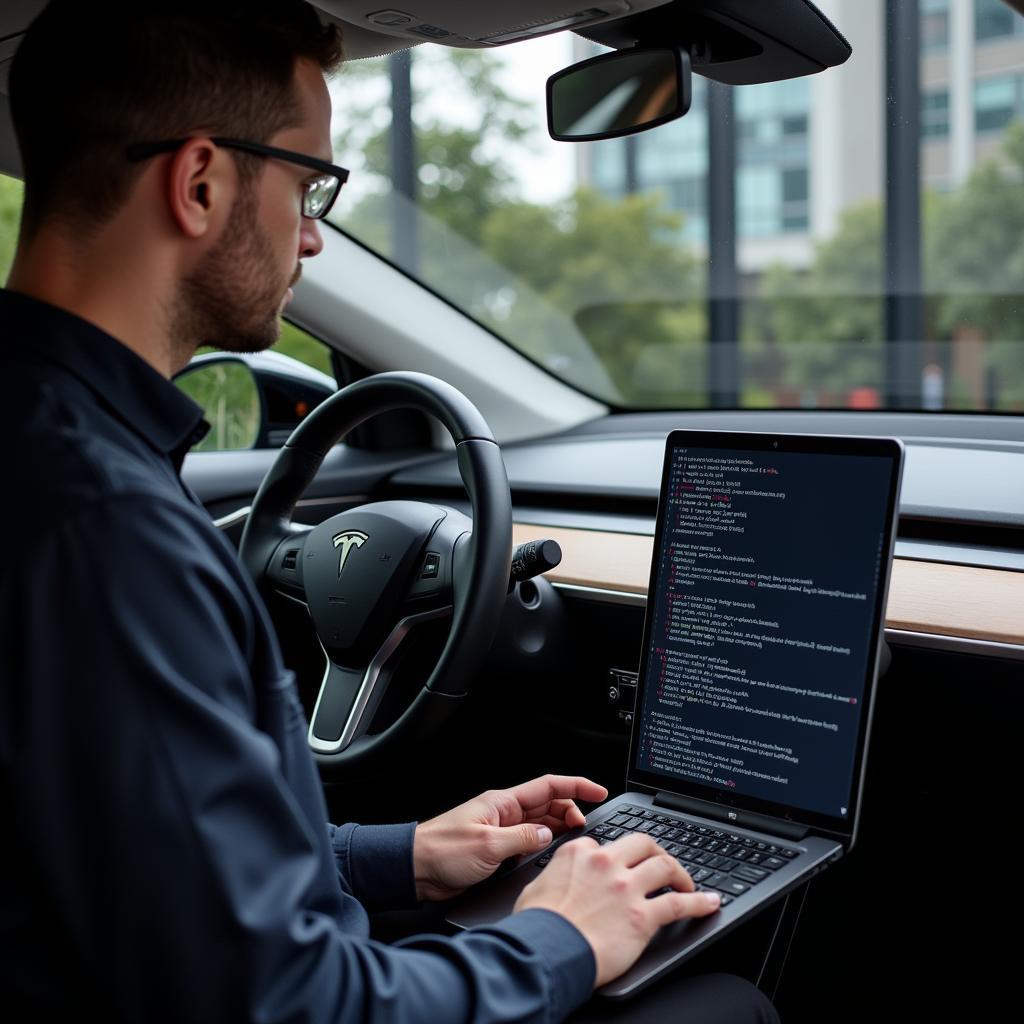 Tesla Technician Working on Car Software