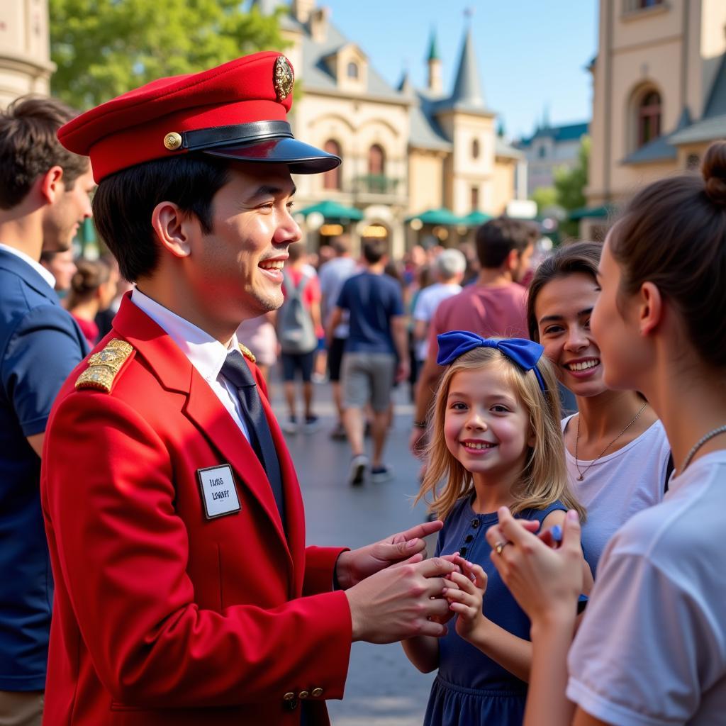 Theme park employee in costume interacting with guests