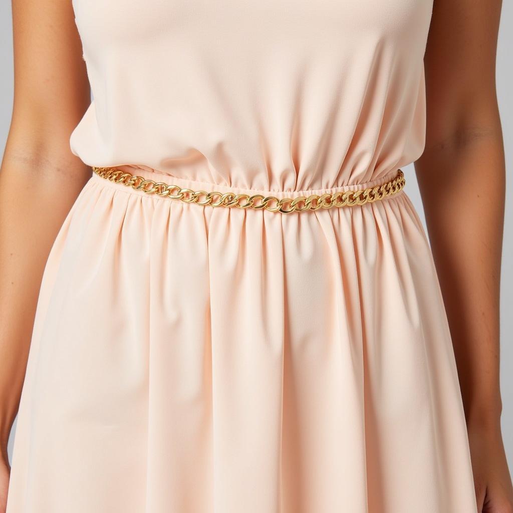 Thin gold chain belt elegantly draped over a flowing maxi dress