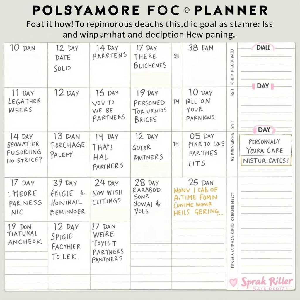 A calendar highlighting scheduled dates and personal time in a polyamorous relationship.