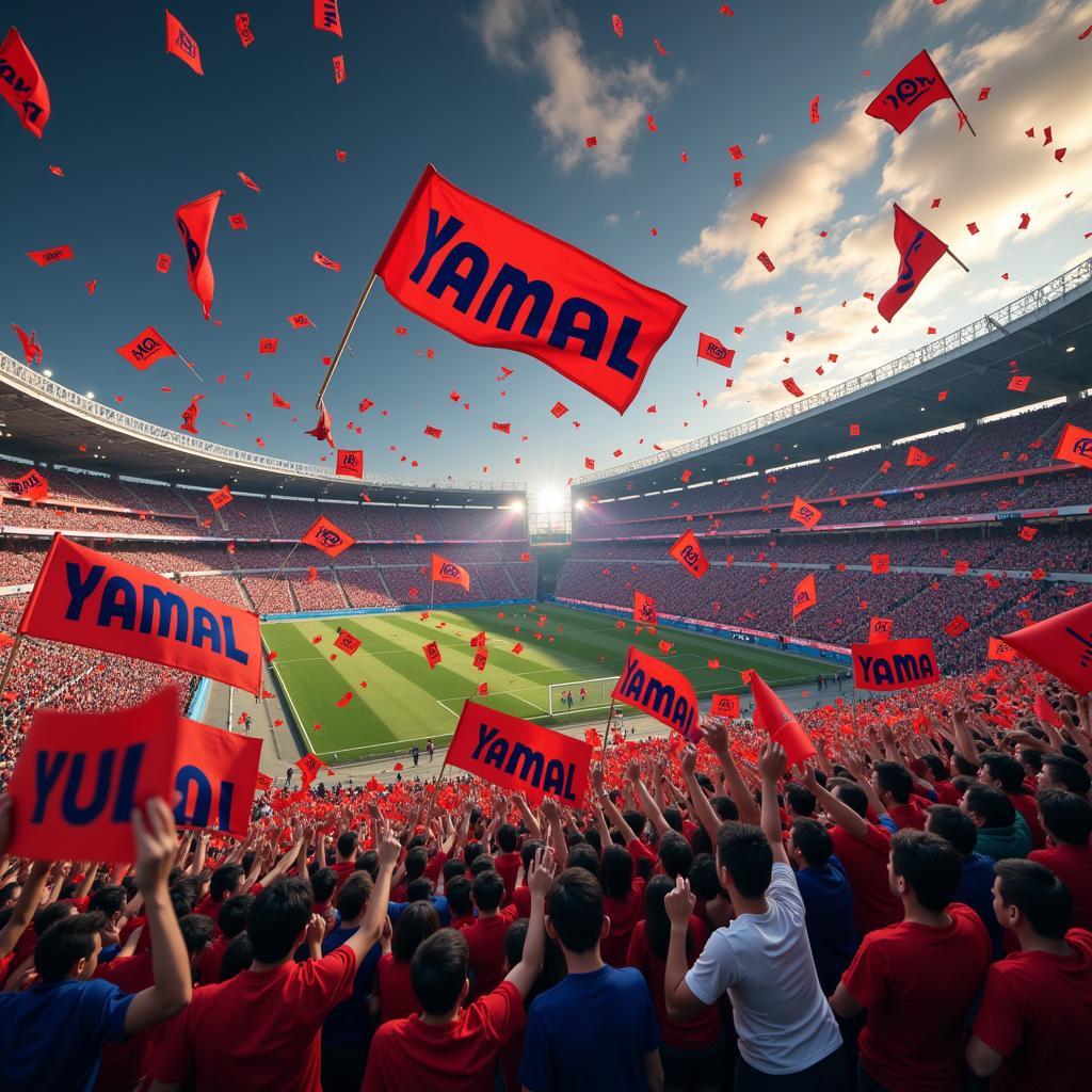 Tire flags waving in the stadium during a Yamal game