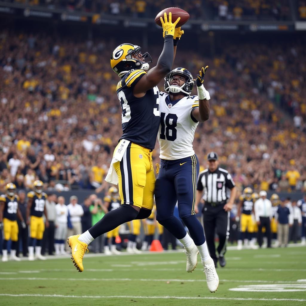 T.J. Hockenson making a contested catch against a defender