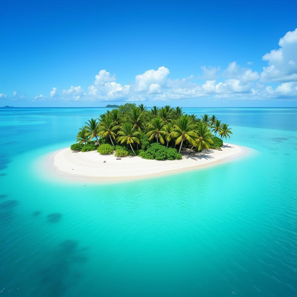 A picturesque tropical island bit with crystal-clear waters and lush vegetation