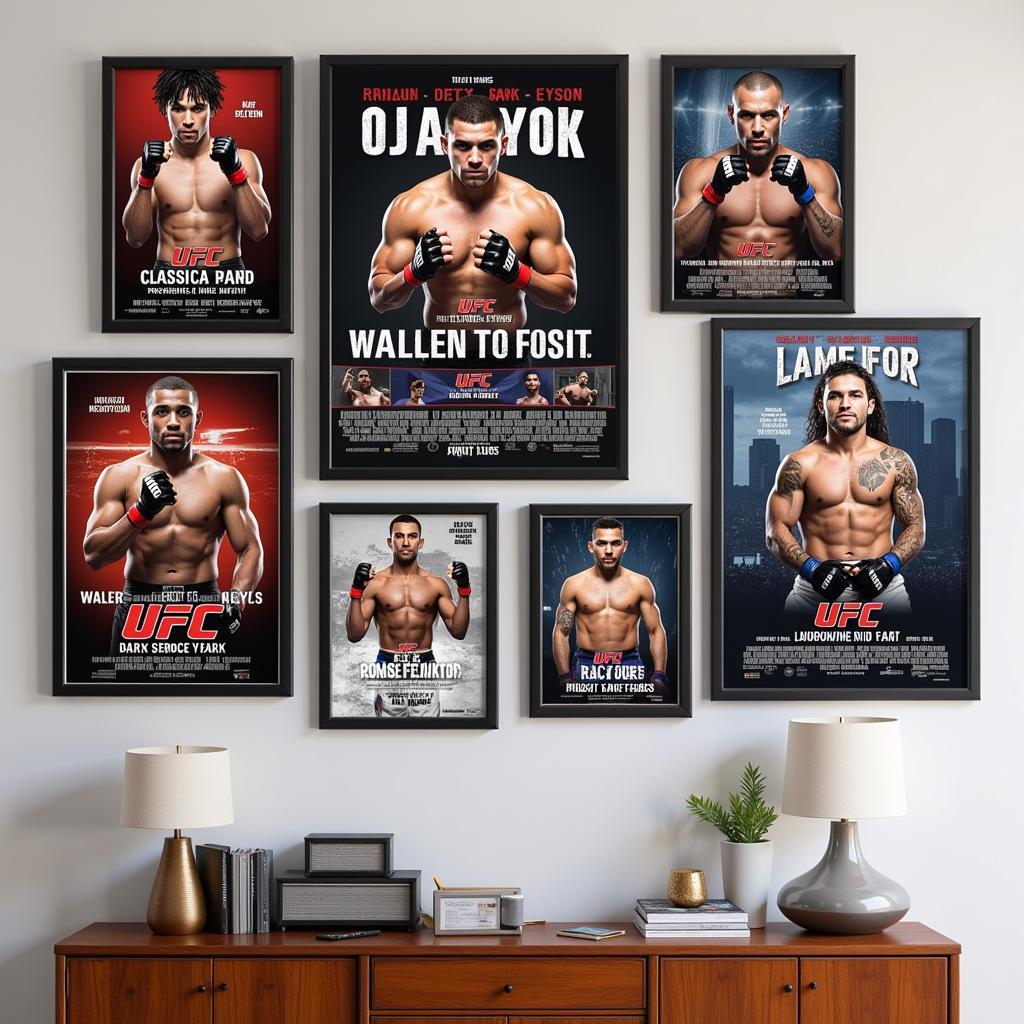 A collection of framed UFC posters on a wall