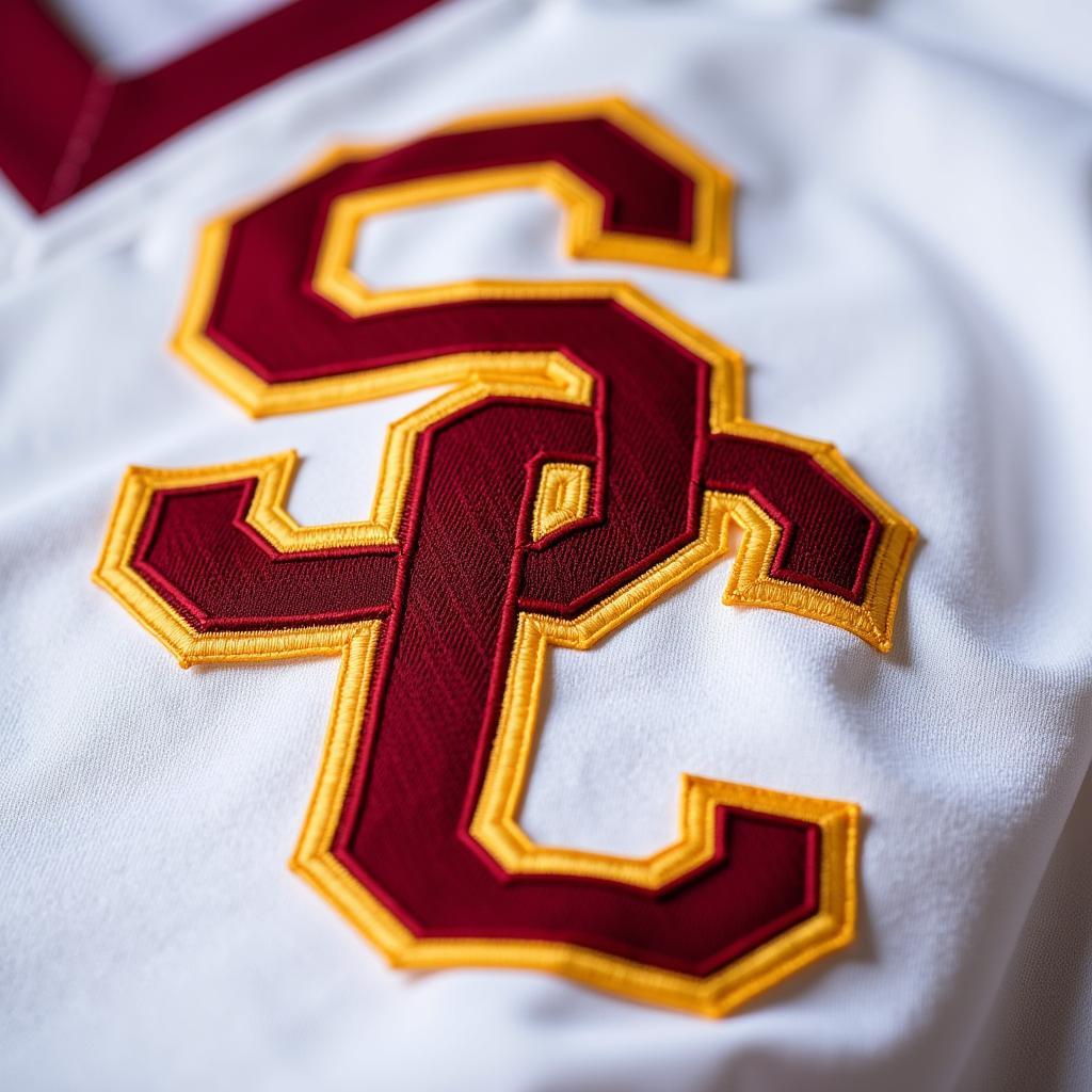 Close-up details of a USC white football jersey