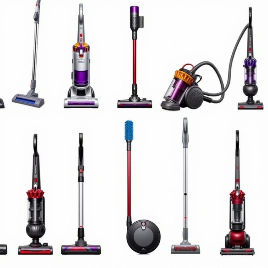 Different vacuum cleaner models and their attachments.