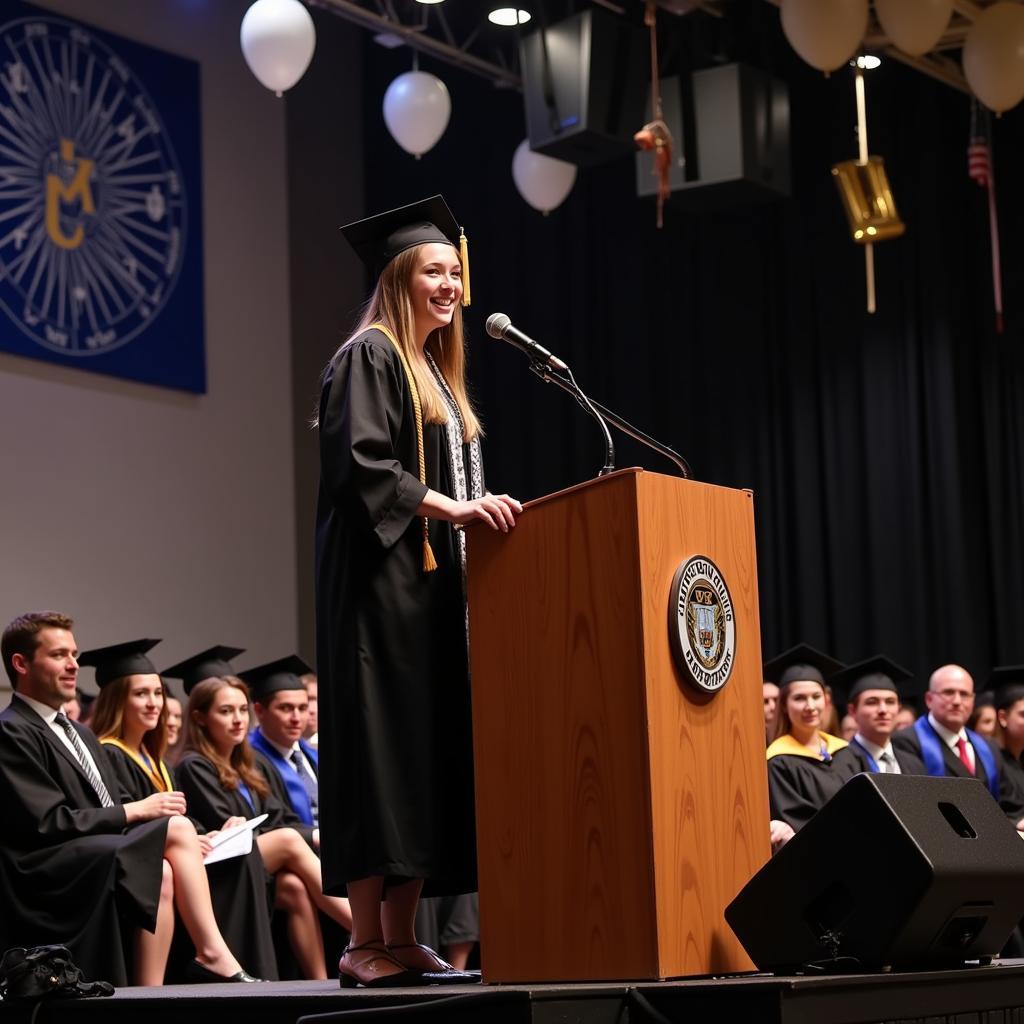 Student delivering valedictorian speech at graduation ceremony