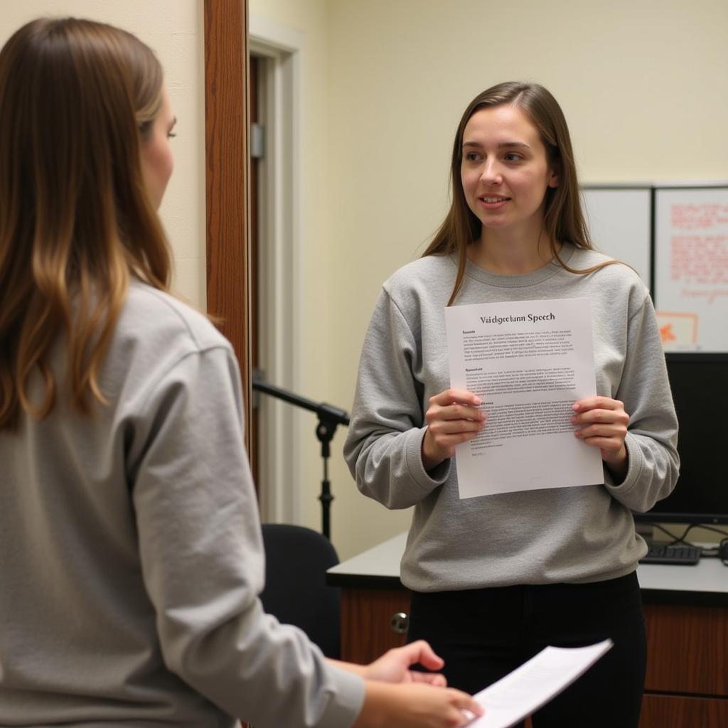 Student practicing valedictorian speech in front of a mirror