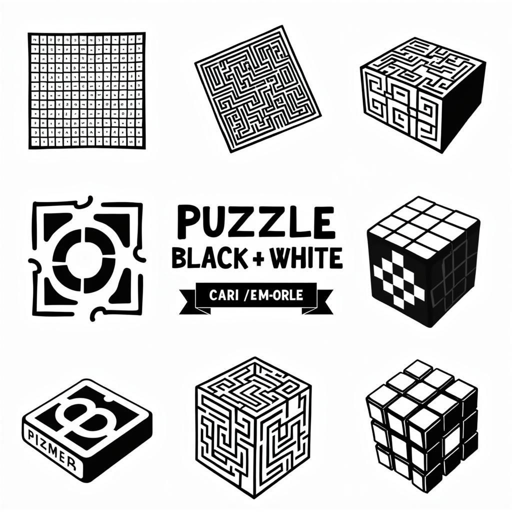 Different types of black and white puzzles, including jigsaw, logic, and maze puzzles.