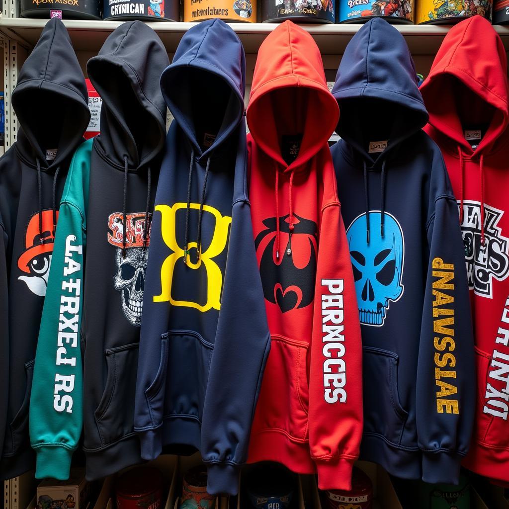 Different styles and designs of video game hoodies on display