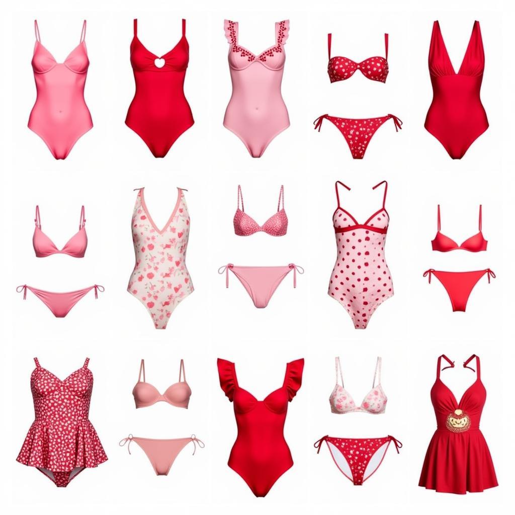 A collection of different heart-shaped bathing suits, showcasing various colors, patterns, and styles.