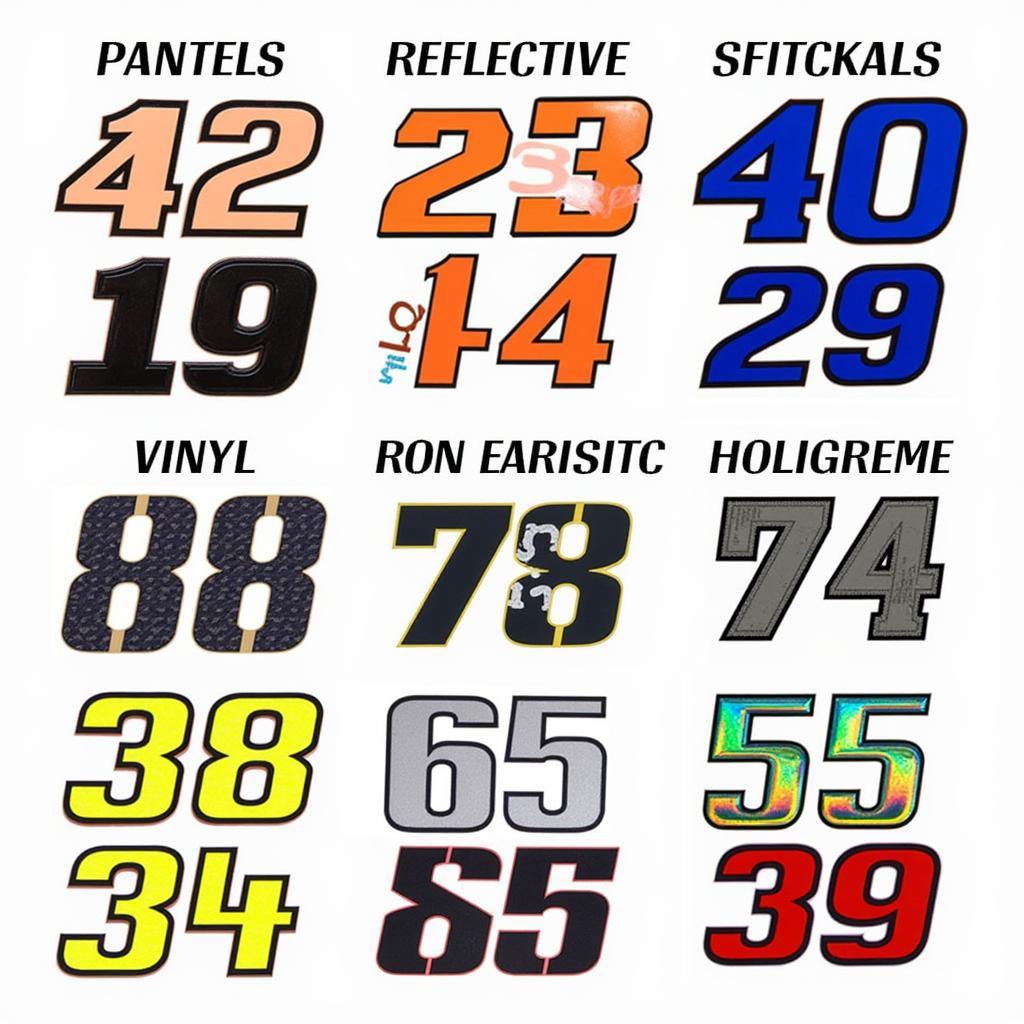 Different types of helmet number stickers.