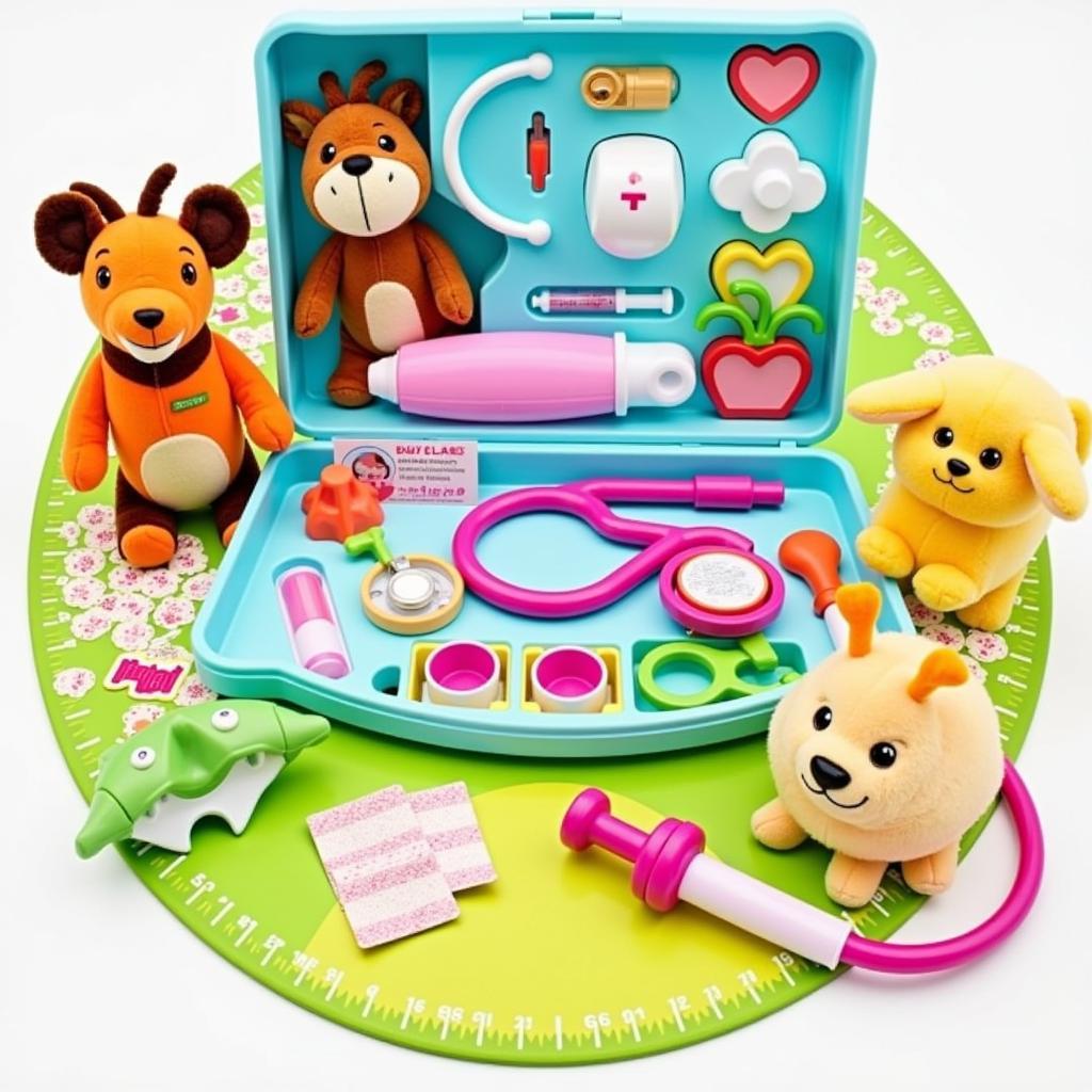 Veterinarian kit designed for children with plush animals and colorful tools.