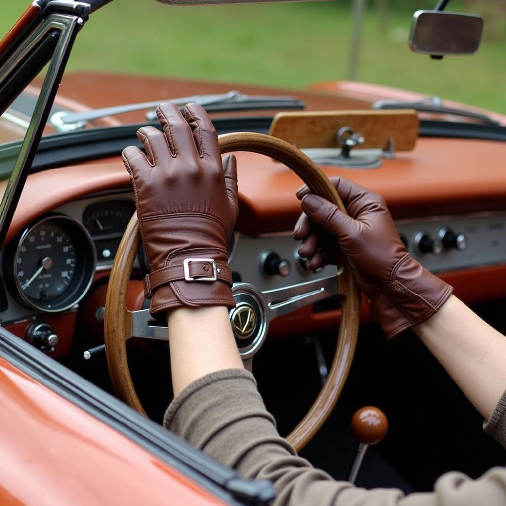 Classic car driver wearing brown leather driving gloves