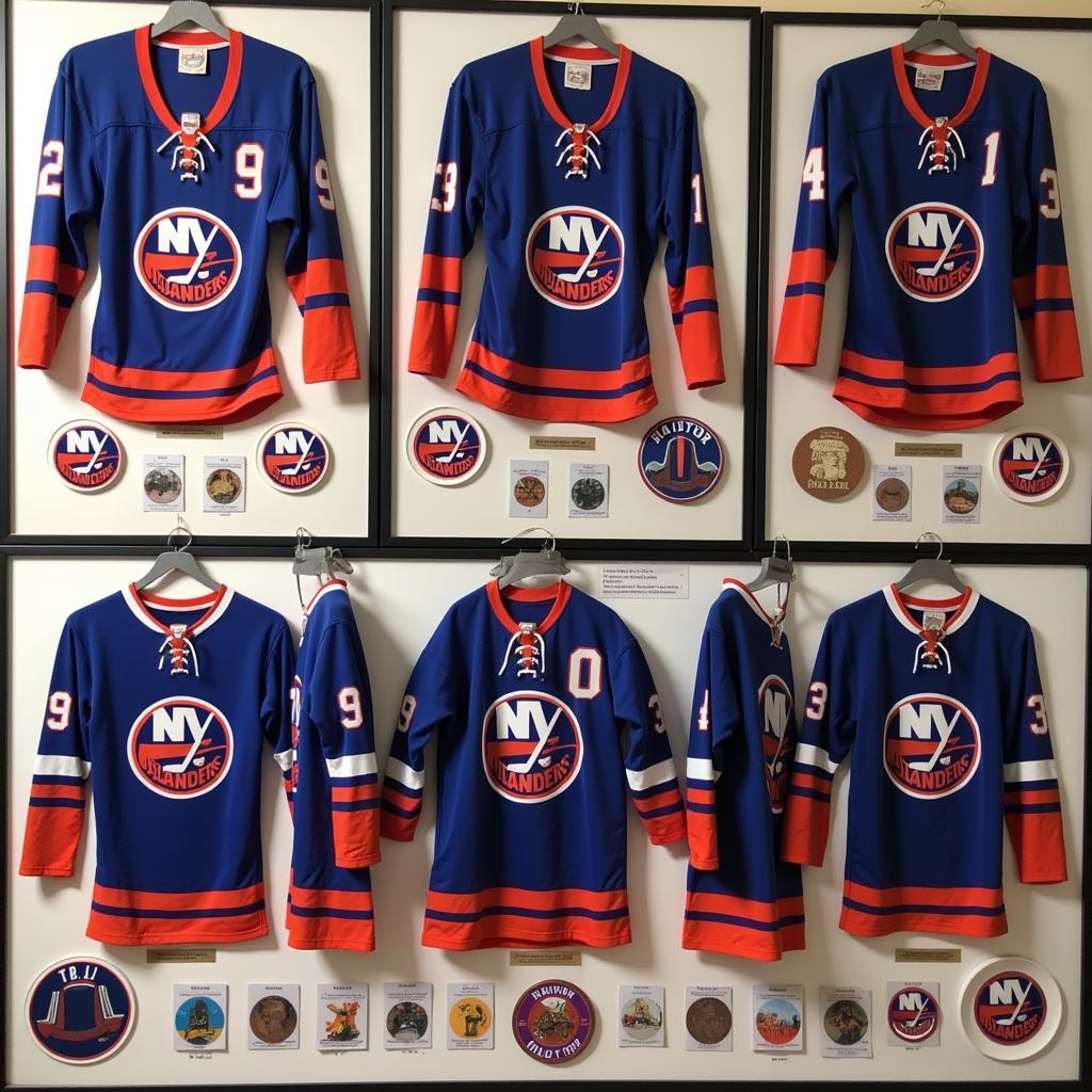 A collection of vintage New York Islanders jerseys from different eras.