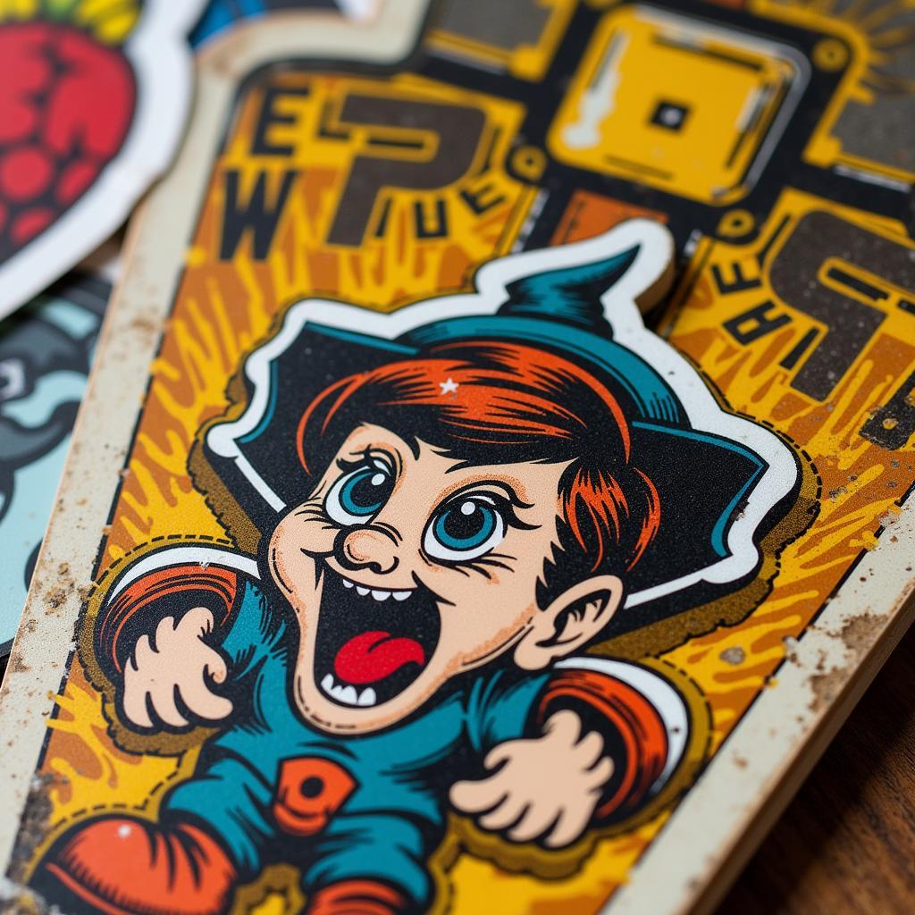 A close-up shot of a vintage skate sticker, highlighting its detailed artwork and weathered texture.