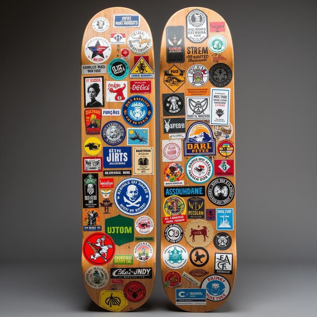 A vintage skateboard covered in a mosaic of vibrant and weathered stickers, showcasing the skater's personality and influences.