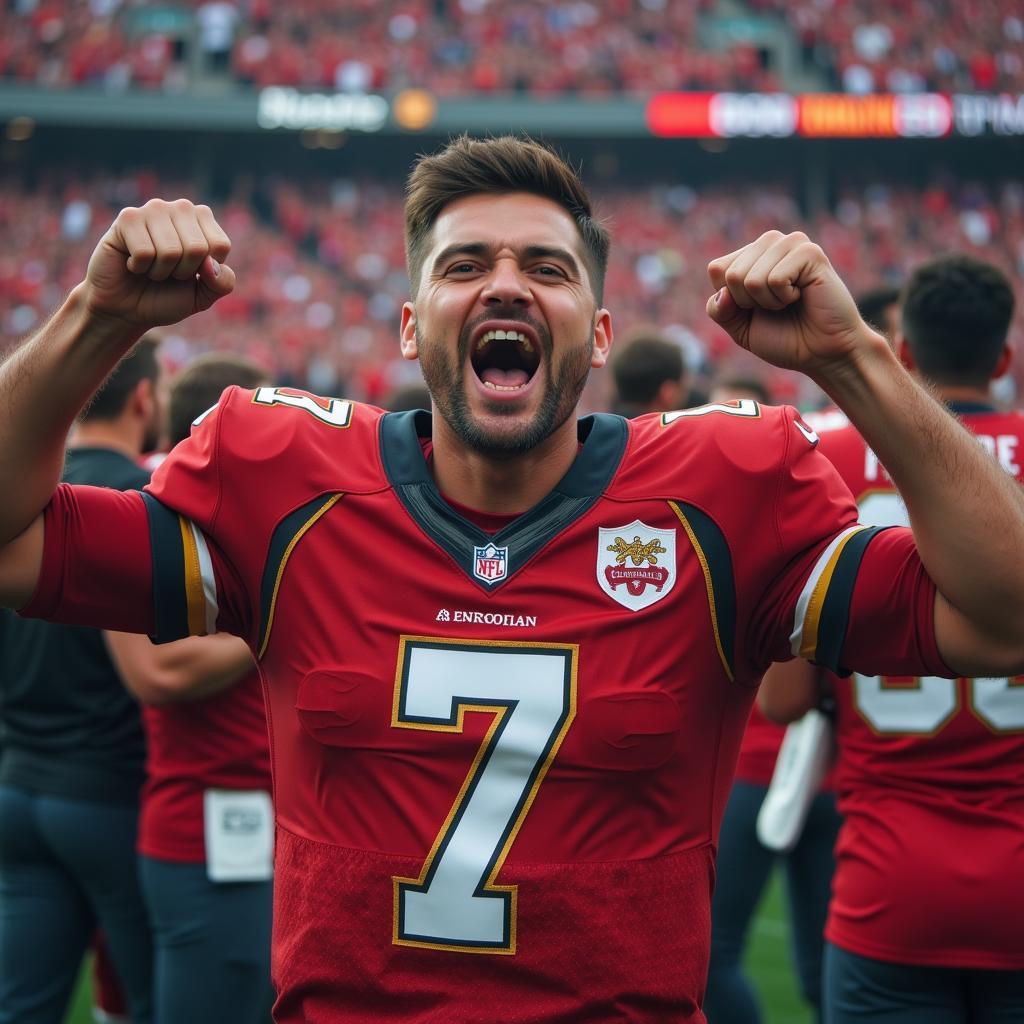 A fan wearing a football jersey in a stadium.