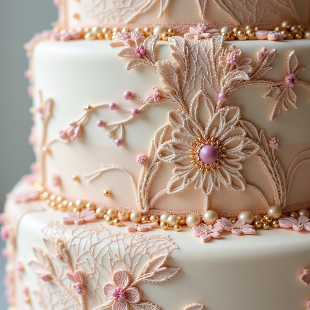 Close-up of intricate beading and lace on a wedding cake inspired dress