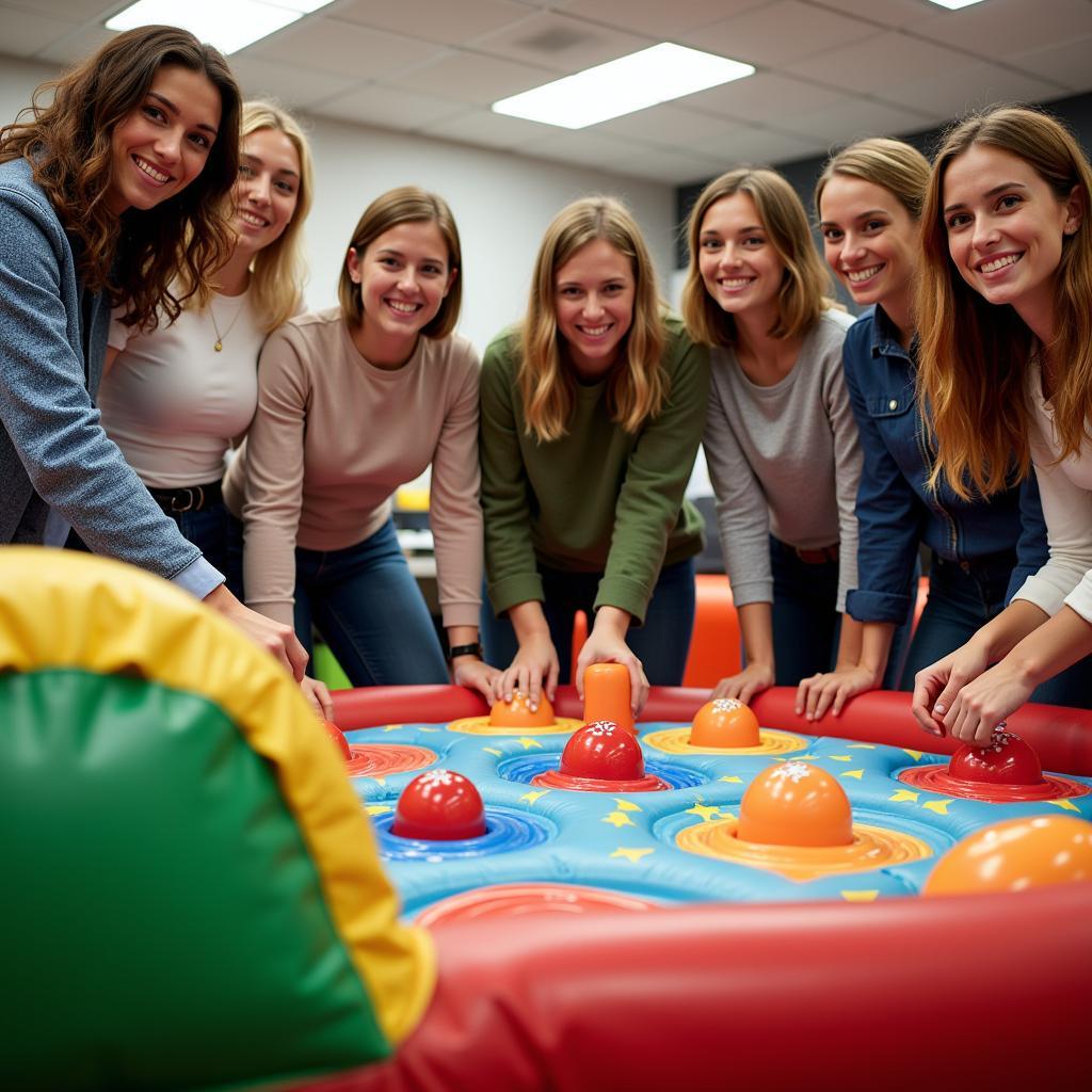 Team members gathered around a whack-a-mole game setup for a team building activity