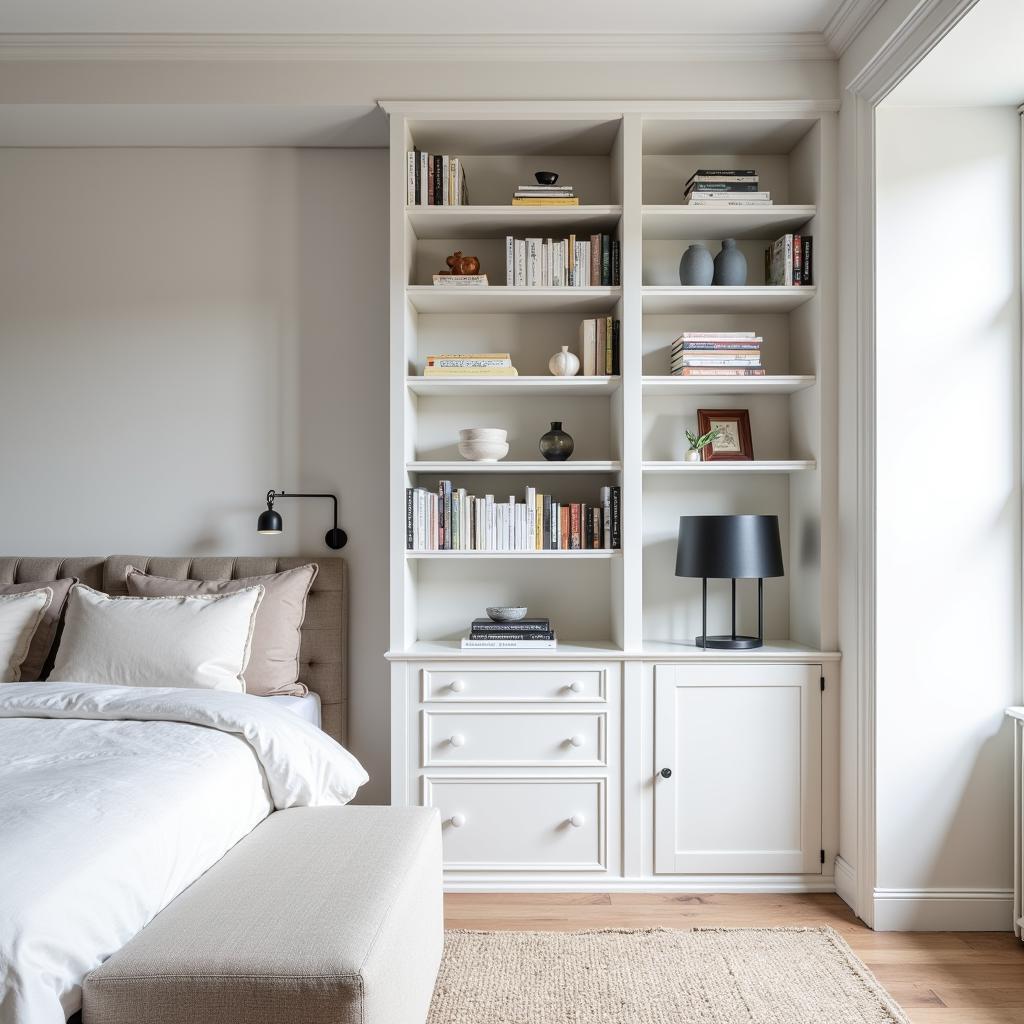 White Modular Bookcase System in a Bedroom