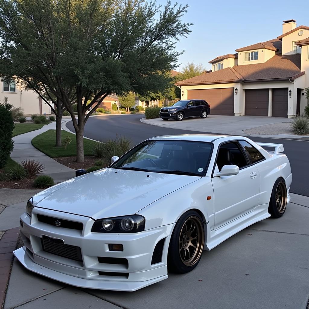 Widebody R34 showcasing its aggressive stance