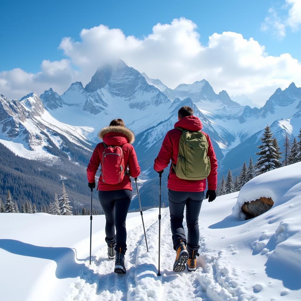 Two people hiking on a snowy trail with a scenic mountain view in the background