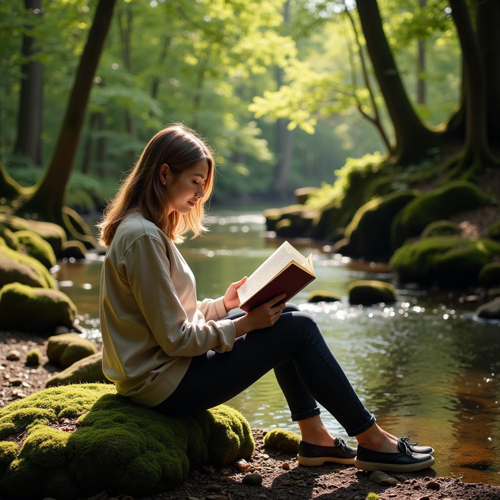 Woman reading a book about simple living outdoors in a peaceful natural setting