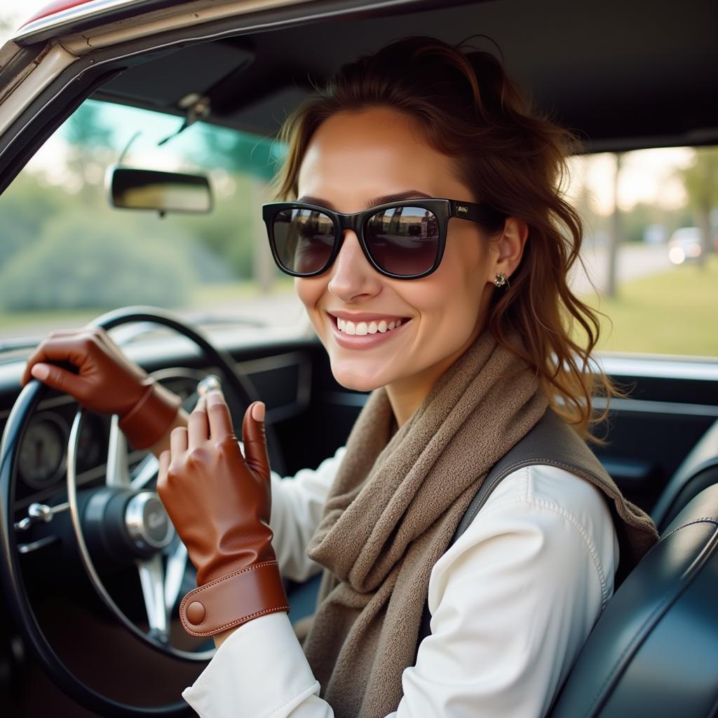 Woman in a classic car wearing vintage driving gloves