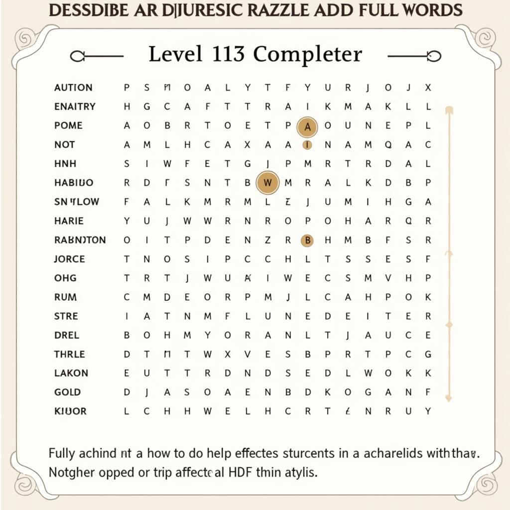 A fully completed word search puzzle at level 113, symbolizing successful completion using the strategies outlined in the article.