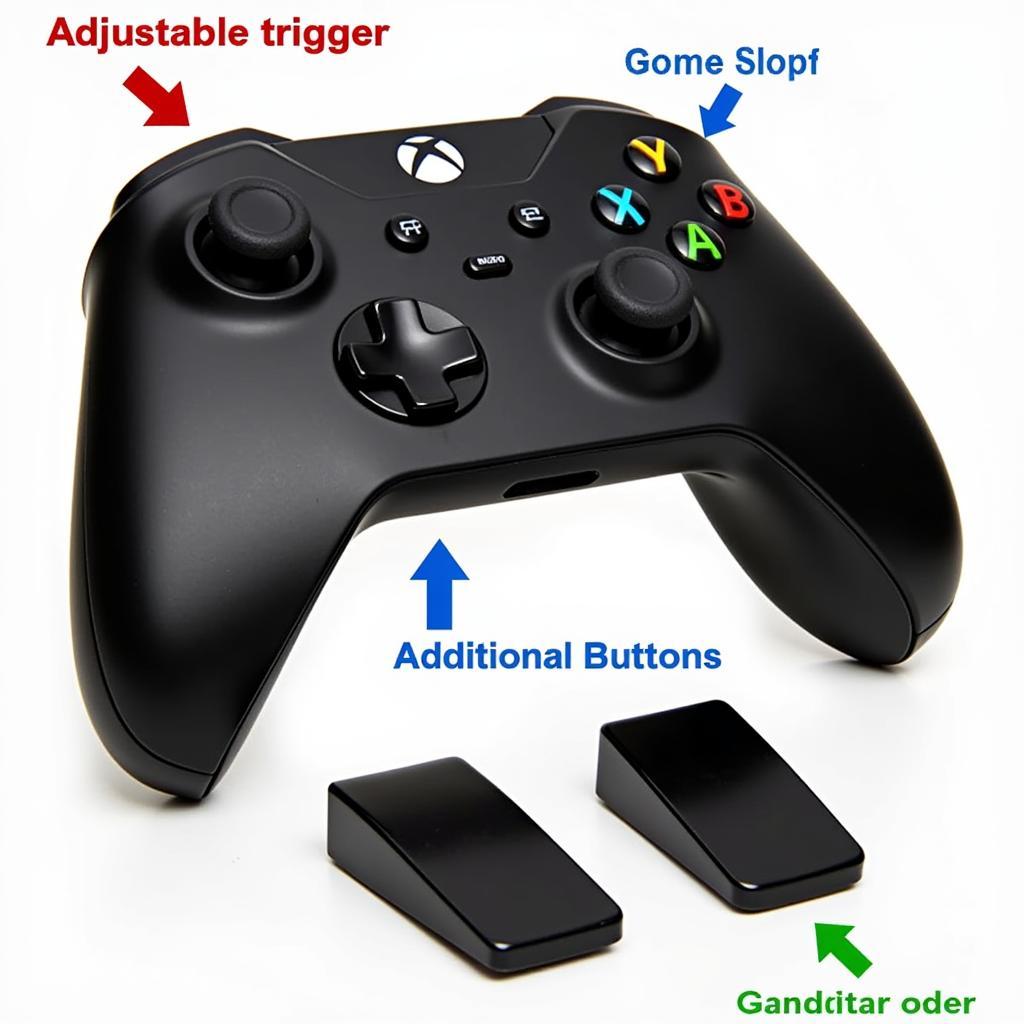 Close-up view of the features of an Xbox mod controller, showcasing adjustable trigger stops, additional buttons, and customizable paddles.