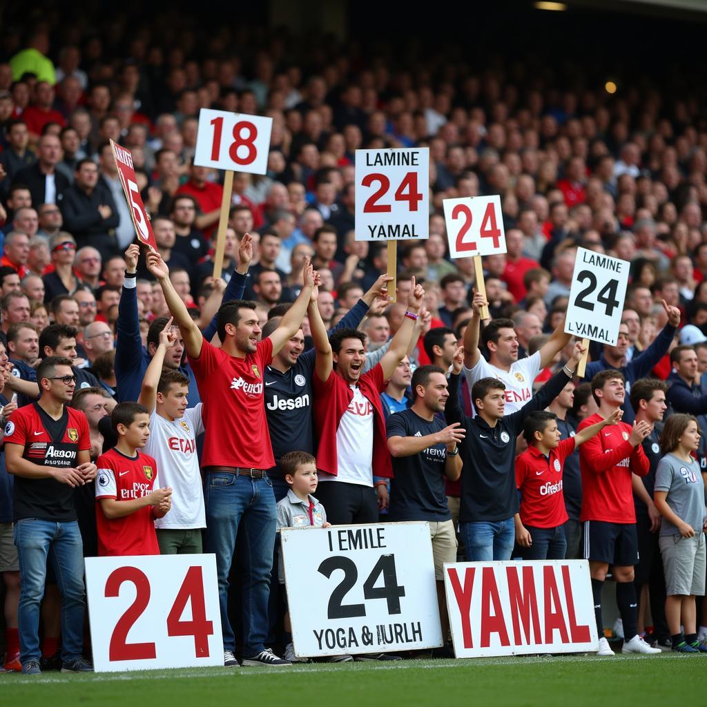 Fans hold up signs displaying the number 24 in support of Yamal.